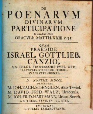 De poenarum divinarum participatione : occasione oraculi Matth. XXIII. v. 35, [Pars 1]