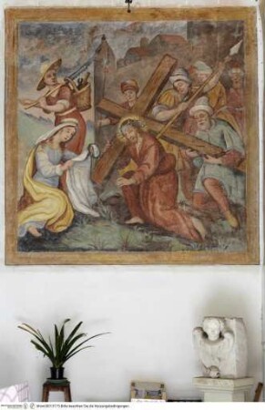 Die Passion Christi, Christus fällt unter dem Kreuz, Veronika reicht ihm ihr Tuch