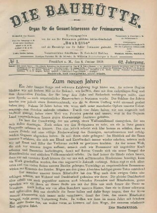 No 1. Frankfurt a. M., den 4. Januar 1919. 62. Jahrgang.