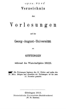 WS 1910/11: Verzeichnis der Vorlesungen