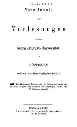 WS 1910/11: Verzeichnis der Vorlesungen
