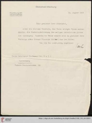 Brief von Fritz Saxl von Bibliothek Warburg (Hamburg) an Franz Boll