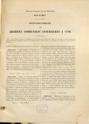 Inventaire-sommaire des archives communales antérieures à 1790, Ville de Metz, Lorraine