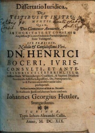 Dissertatio Iuridica, De Testibus Et Instrumentis