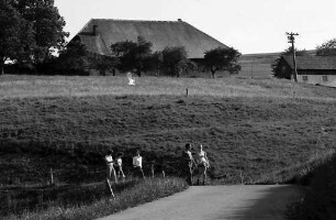 Wandergruppe vor einem Schwarzwaldhaus im Schauinslandgebiet