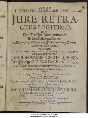 Dissertatio Inauguralis Iuridica, De Iure Retractus Legitimo