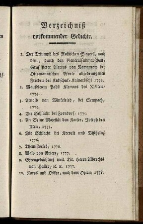 Verzeichniß vorkommender Gedichte.