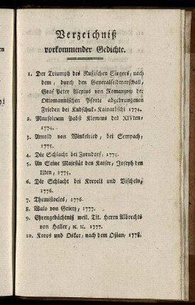 Verzeichniß vorkommender Gedichte.