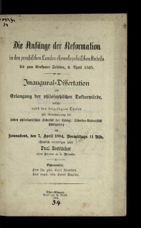 Die Anfänge der Reformation in den preussischen Landen ehemals polnischen Anteils bis zum Krakauer Frieden, 8. April 1525