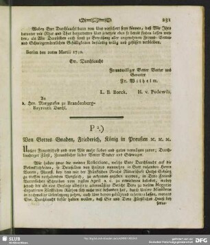 P2.) Von Gottes Gnaden, Friederich, König in Presussen [et]c. [et]c. [et]c.