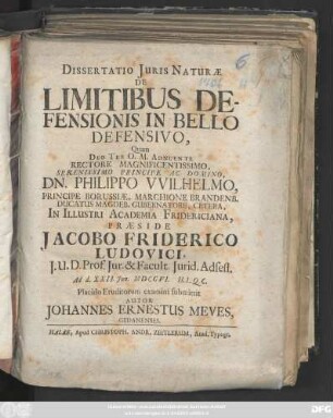 Dissertatio Juris Naturæ De Limitibus Defensionis In Bello Defensivo