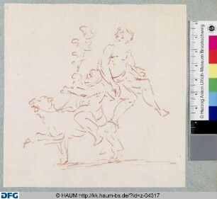 Auf einem Raubtier reitender Affe und sitzende männliche Figur
