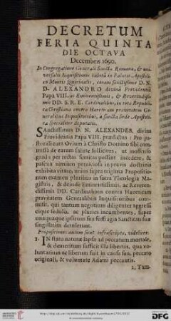 Decretum feria quinta die octava Decembris 1690