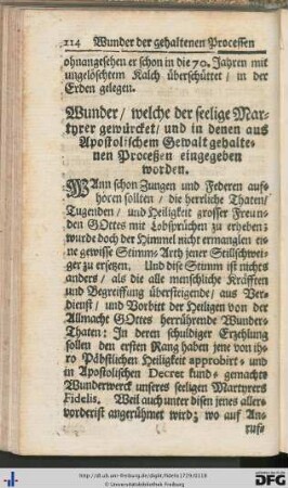 Wunder, welche der seelige Martyrer gewürcket, und in denen aus Apostolischem Gewalt gehaltenen Proceßen eingegeben worden.