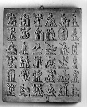 Lebkuchenmodel mit 36 Figuren aus Religion, Mythologie und Arbeitsleben : Lebkuchenmodel mit 36 Figuren aus Religion, Mythologie und Arbeitsleben. Holz (1701/1800). Kaufbeuren: Stadtmuseum