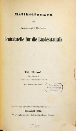 Mitteilungen der Hessischen Zentralstelle für die Landesstatistik. 12. 1882, Jan. - Dez. = Nr. 258 - 278