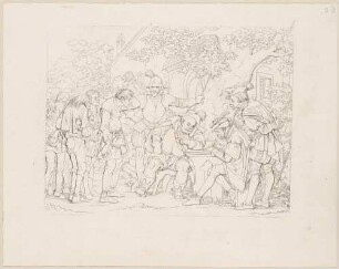 Zu Shakespeares "König Heinrich IV.", Teil 2, Blatt 9, 4. Akt, 4. Szene: Falstaff und Schaal am Tisch sitzend bei der Musterung der Rekruten