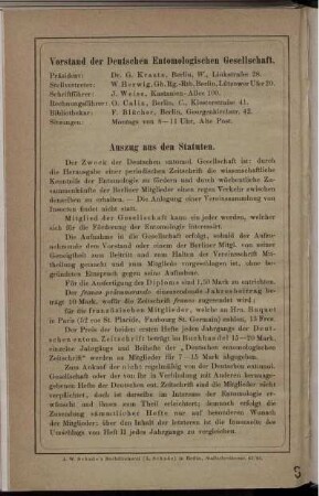 Vorstand der Deutschen Entomologischen Gesellschaft. Auszug aus den Statuten.