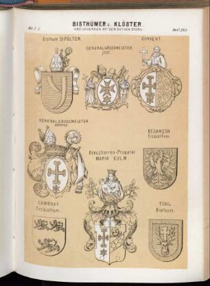 Taf. 225. Kreuzherren mit dem Rothen Stern. - Bisthum St. Pölten. - General Grossmeister jetzt. - Convent. - General Grossmeister aelteres. - Kreuzherren-Propstei Maria Culm. - Besançon Erzbisthum. - Cambray Erzbisthum. - Toul Bisthum