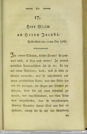 17. Herr Gleim an Herrn Jacobi. Halberstadt denn 11ten Oct. 1767