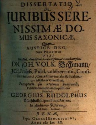 Dissertatio De Juribus Serenissimae Domus Saxonicae