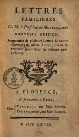 Lettres Familières De M. le Président de Montesquieu