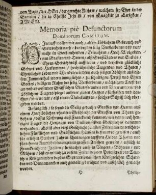 Mémoria piè Defunctorum Dominorum Comitum
