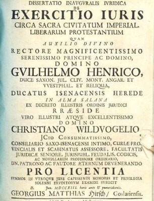 Dissertatio inavgvralis jvridica: De exercitio jvris circa sacra civitatvm imperial. liberarvm protestantivm