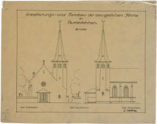 Bestelmeyer, German; Garmisch-Partenkirchen (Bayern); Ev. Kirche, Erweiterung und Turmbau - Ansicht von Vorne u. von der Seite