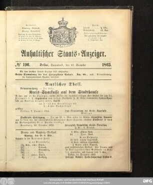Anhaltischer Staats-Anzeiger : Dessauer neueste Nachrichten, No. 196. Dessau, Sonnabend, den 16. December 1865.