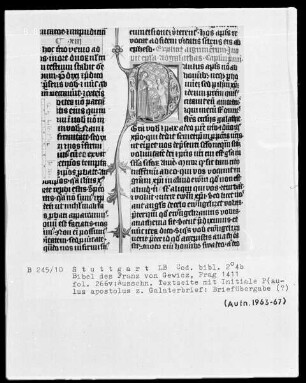 Lateinische Bibel in zwei Bänden für Franz von Gewicz — Initiale P (aulus apls) mit Briefübergabe, Folio 266verso