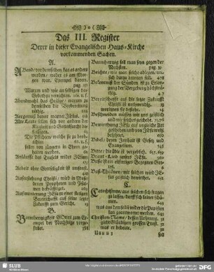 Das III. Register Derer in dieser Evangelischen Haus-Kirche vorkommenden Sachen