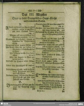 Das III. Register Derer in dieser Evangelischen Haus-Kirche vorkommenden Sachen