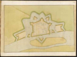 Festungsplan von Ravestein in den Niederlanden?, kolorierter Handzeichnung, vor 1695 : Ravestein? [Festungsplan] / [Johann George Starck]. [S.l., S.a.].- [nach 1695] - 1 Plan : Handzeichng. 55,0 x 37,0 cm.