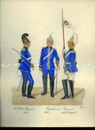 Uniformdarstellung Reiter des 3. Reiter-Regiments, 1872, Reiter und Sergeant mit Lanzenflagge des Karabinier-Regiments, 1876 und 1906, Sachsen.