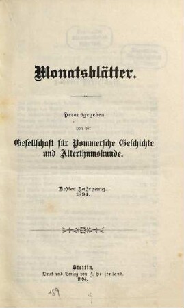 Monatsblätter der Gesellschaft für Pommersche Geschichte und Altertumskunde. 8. 1894