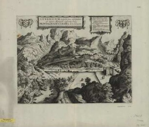 Ansicht von Carrara, Kupferstich, 1657? : Lvnensivm Lapidicinae, nobilissimo et vario Marmore refertae, hodie Montagnadi Carara dictae, delineatio / W. Hollar fec.. - [Amstelodami] : [Ioannes Ianssonius] , [ca. 1657?]. - 1 Ansicht : Kupferst. ; 45 x 34 cm +++ Mit Ortsverz. - Titelkarutsche oben links d. Mitte, Wappenkartuschen oben links u. oben rechts