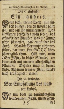 Die VI. Andacht. Bey Empfahung des wahren Leibes.