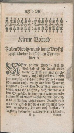 Kleine Vorred Zu den Novitzen und junge Profeß geistliche der barfüßigen Carmeliter et[c].