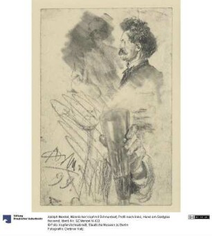 Männlicher Kopf mit Schnurrbart, Profil nach links, Hand am Sektglas fassend