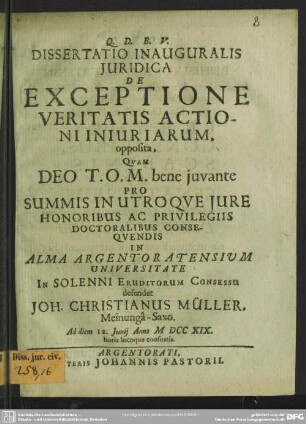 Dissertatio Inauguralis Iuridica De Exceptione Veritatis Actioni Iniuriarum, opposita