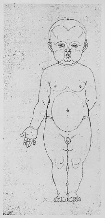 Säugling von vorn : Dresdner Skizzenbuch (1507/1528). Säugling von vorn (aus: R. Bruck: Das Skizzenbuch von Albrecht Dürer, Straßburg 1905, Tafel 100, Blatt 164r, Str. 46, Kriegsverlust). Dresden: SLUB Mscr.Dresd.R.147.f