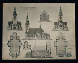 Sankt-Antonius-Kirche, Eichenau (Kattowitz): Zeichnung: Ansichten, Schnitte, Grundrisse