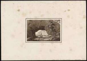 Ansicht vom Kuhstall, sepiagetönte Umrissradierung, um 1821 : Kuhstall in der Sächsischen Schweiz / [gefertigt von Adrian Zingg]. - Nicht ermittelbar , [ca. 1821]. - 1 Kunstblatt : sepiagetönte Umrißradierung ; 9 x 13 cm