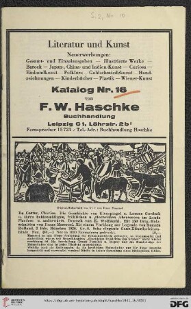 Nr. 16: Katalog: Literatur und Kunst : Neuerwerbungen: Gesamt- und Einzelausgaben, illustrierte Werke, Barock, Japan-, China- und Indien-Kunst, Curiosa, Einbandkunst, Folklore, Goldschmiedekunst, Handzeichnungen, Kinderbücher, Plastik, Wiener-Kunst