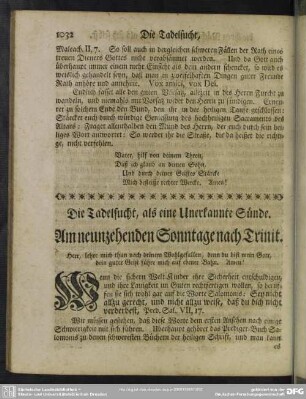 Am neunzehenden Sonntage nach Trinit. : Die Tadelsucht, als eine Unerkannte Sünde
