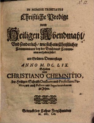 Christliche Predigt vom h. Abendmahl ... : am Grünen-Don[n]erstage über 1 Cor. 2,23-33