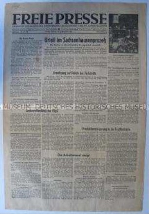 Tageszeitung der SED Bezirk Südwestsachsen "Freie Presse" zur Urteilsverkündung im Prozess gegen die Verantwortlichen für das KZ Sachsenhausen