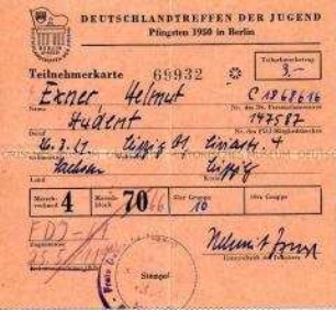 Teilnehmerkarte für das "Deutschlandtreffen der Jugend" 1950