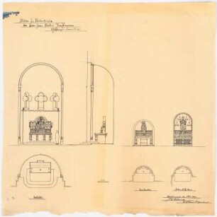 Herz Jesu Kloster, Fünfbrunnen (Cinqfontaines): Hochaltar und Seitenaltäre, Ansichten, Grundrisse und Schnitte 1:50 der Klosterkapelle